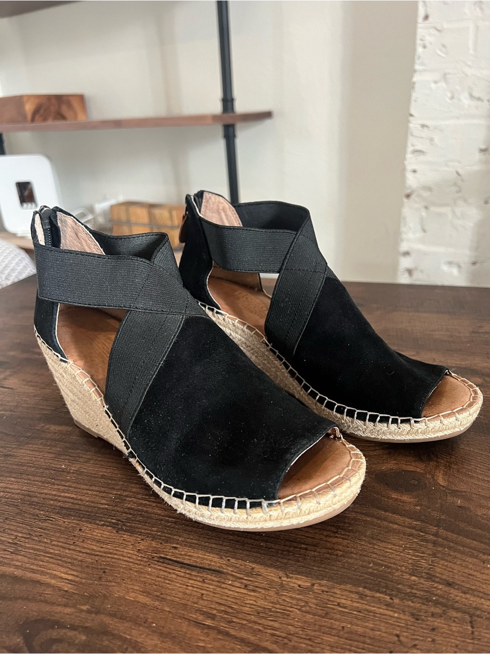 gentle souls Black Suede Espadrille Wedge Sandals